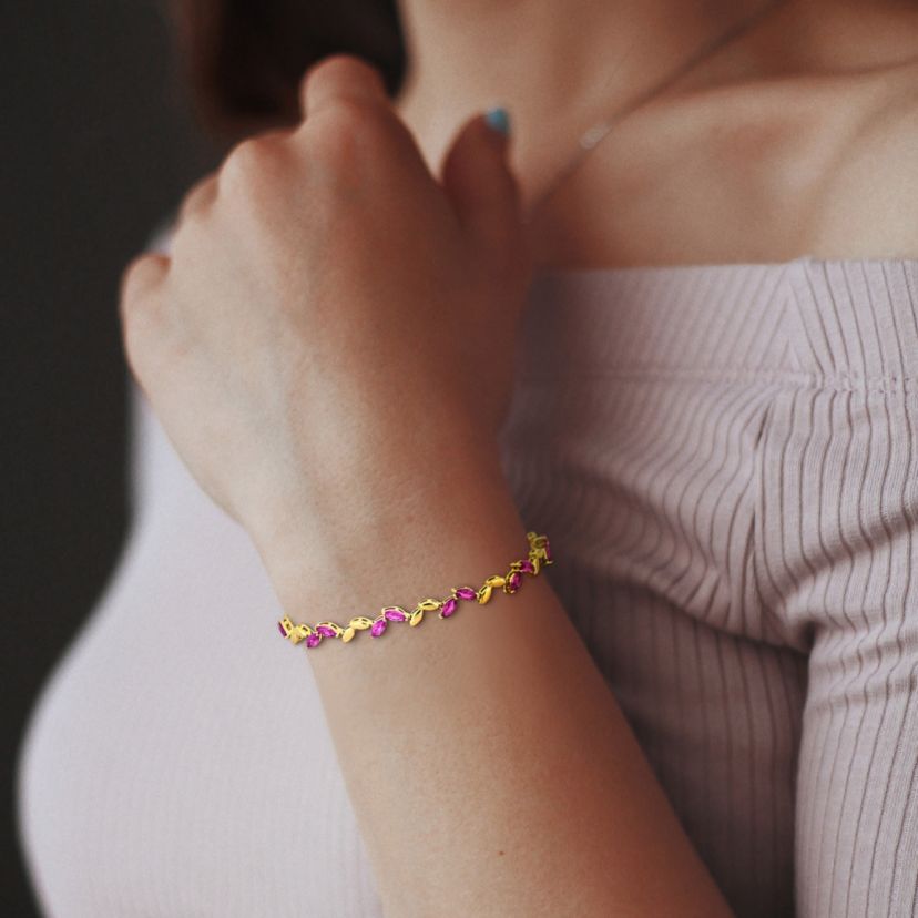 Lab Created Created Pink Sapphire Leaf Bracelet in Yellow Plated Sterling Silver