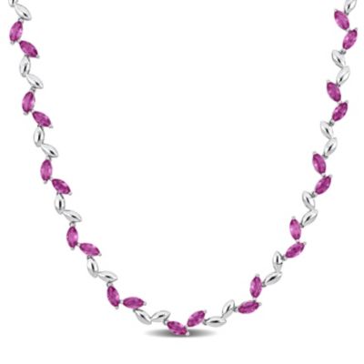 Belk & Co Lab Created Pink Sapphire Alternate Leaf Necklace in Sterling Silver