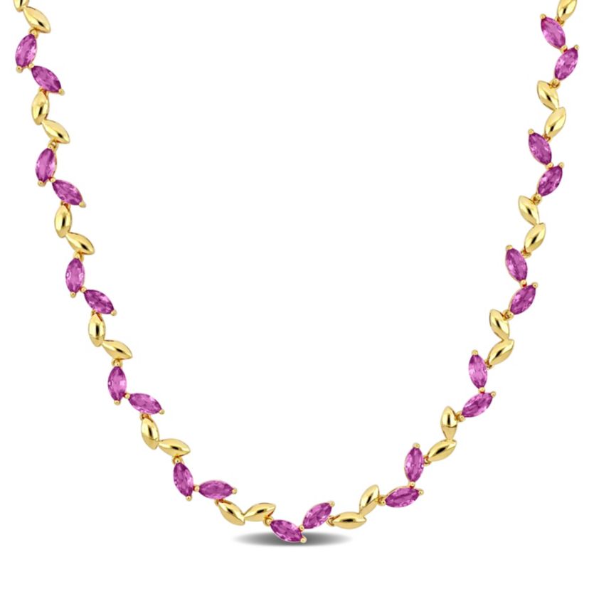Lab Created Created Pink Sapphire Alternate Leaf Necklace in Yellow Plated Sterling Silver