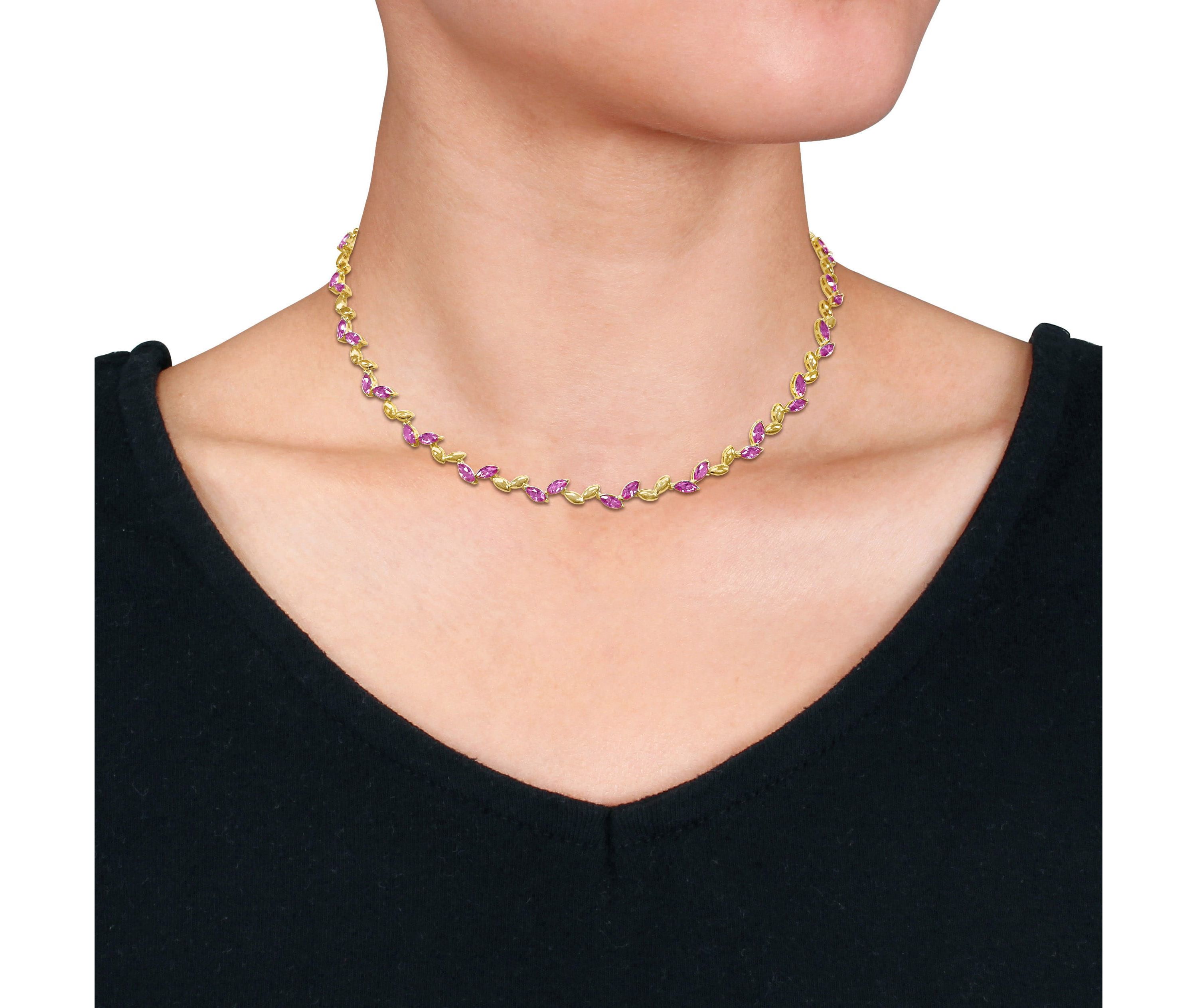 Lab Created Created Pink Sapphire Alternate Leaf Necklace in Yellow Plated Sterling Silver