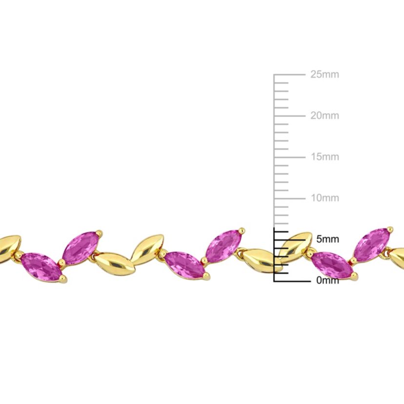 Lab Created Created Pink Sapphire Alternate Leaf Necklace in Yellow Plated Sterling Silver