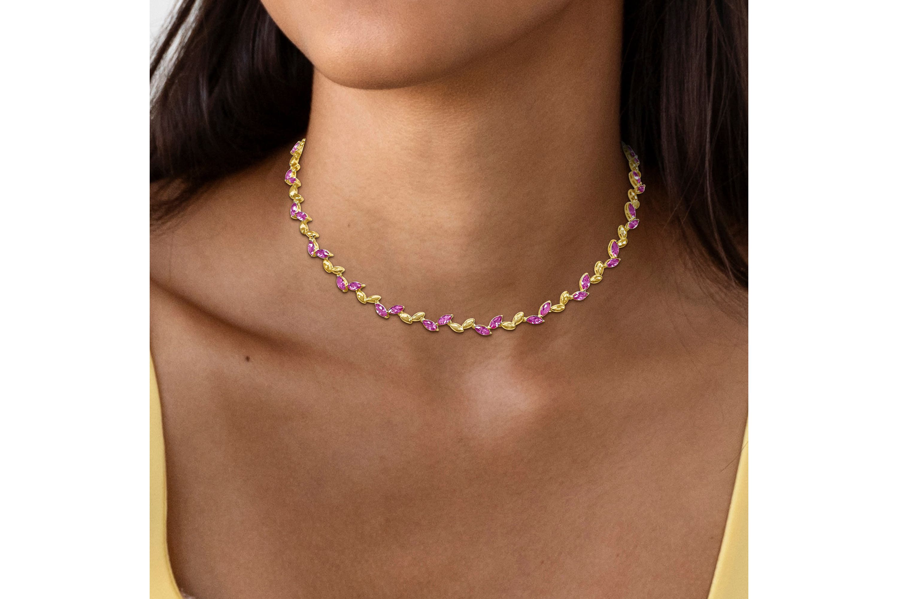 Lab Created Created Pink Sapphire Alternate Leaf Necklace in Yellow Plated Sterling Silver