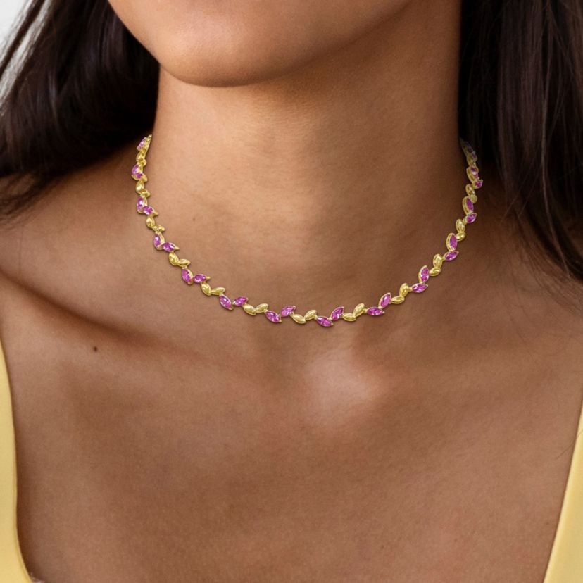 Lab Created Created Pink Sapphire Alternate Leaf Necklace in Yellow Plated Sterling Silver