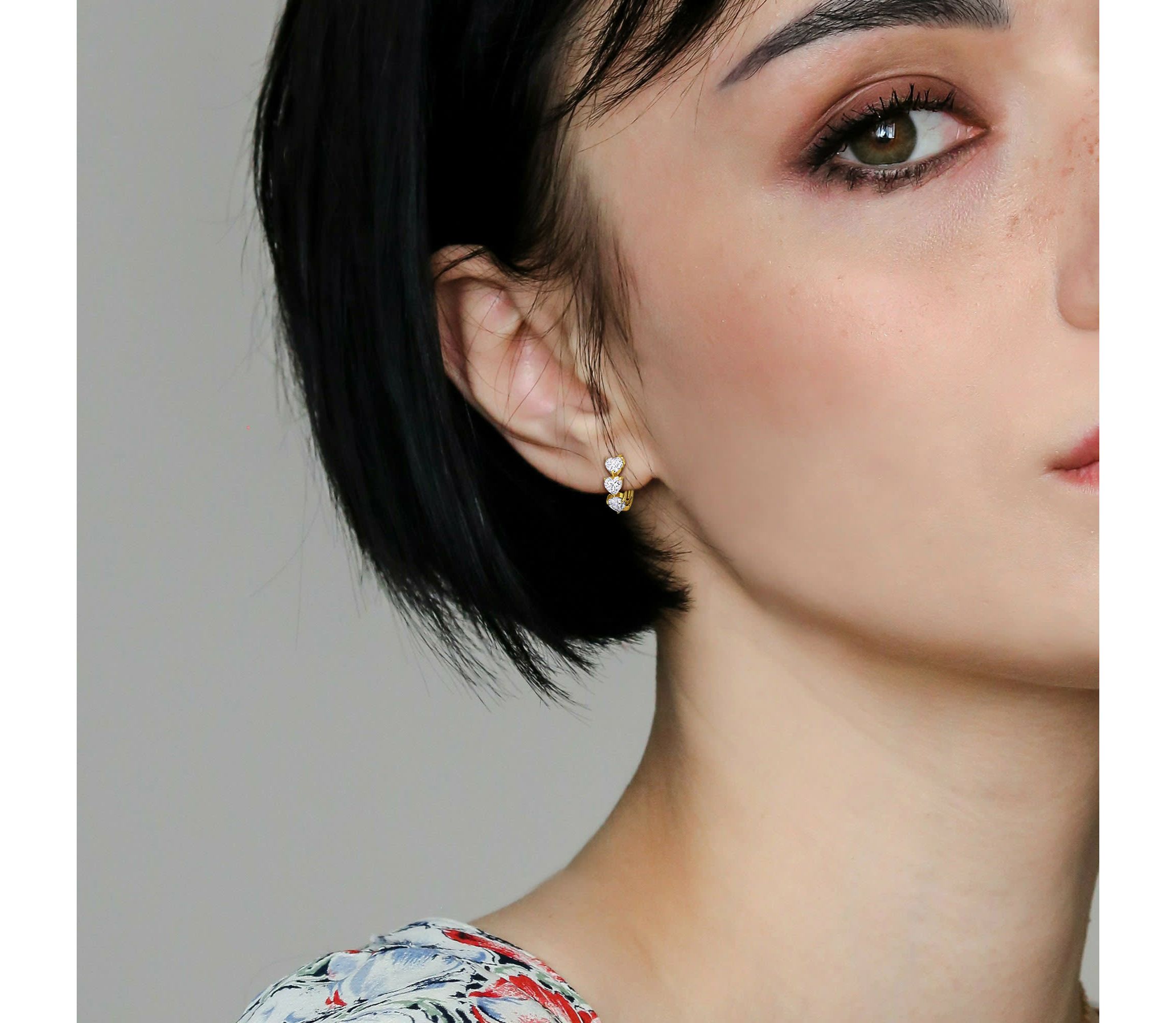 Lab Created Created White Sapphire Heart Hoop Earrings in Yellow Plated Sterling Silver