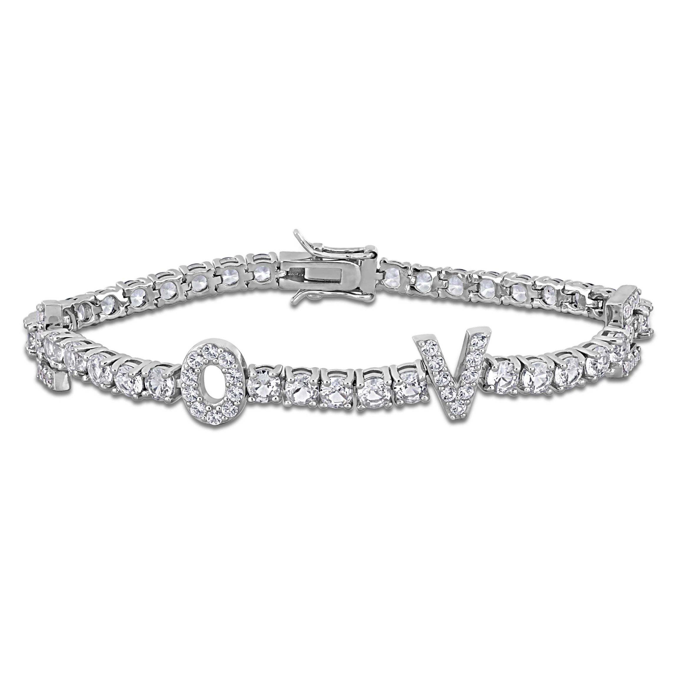 Lab Created Created White Sapphire "LOVE" Design Bracelet in Sterling Silver