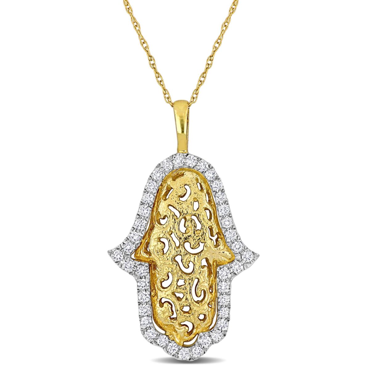 3/8 ct. t.w. Diamond Hamsa Filigree Halo Charm Necklace in 14K 2-Tone Gold, 17"