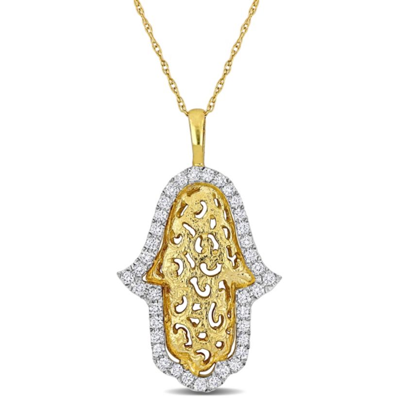 3/8 ct. t.w. Diamond Hamsa Filigree Halo Charm Necklace in 14K 2-Tone Gold, 17"