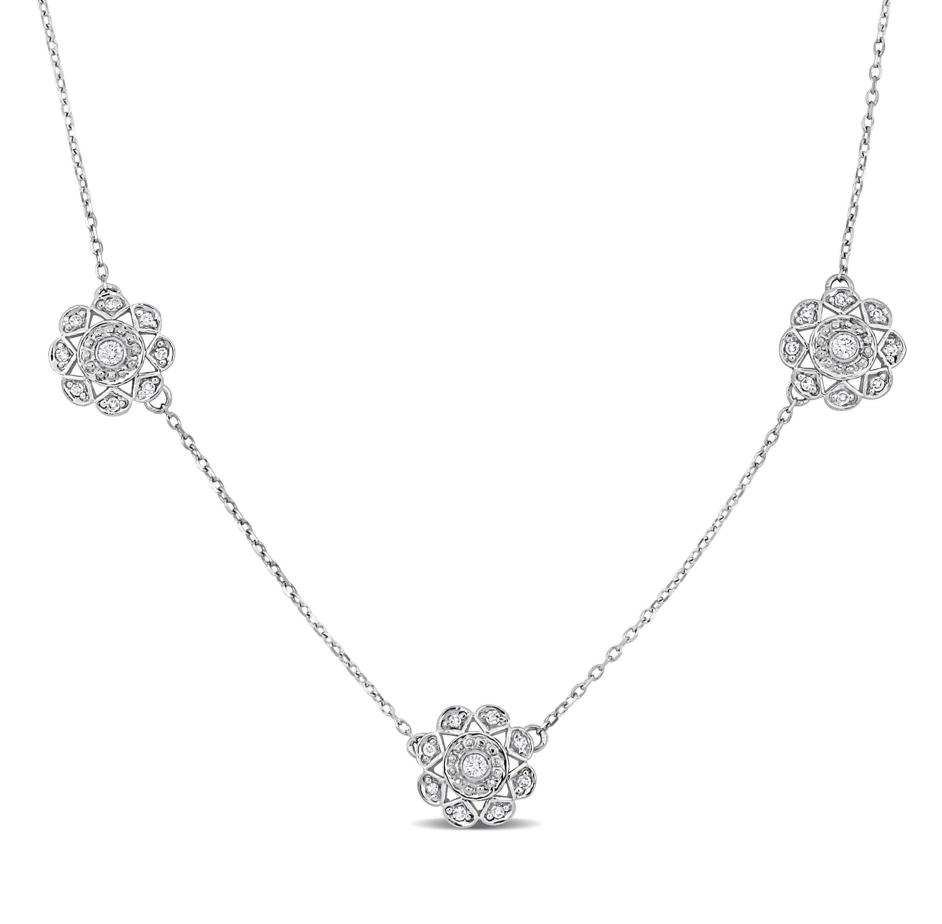 1/6 ct. t.w. Diamond Floral Station Necklace in 14K White Gold, 16"