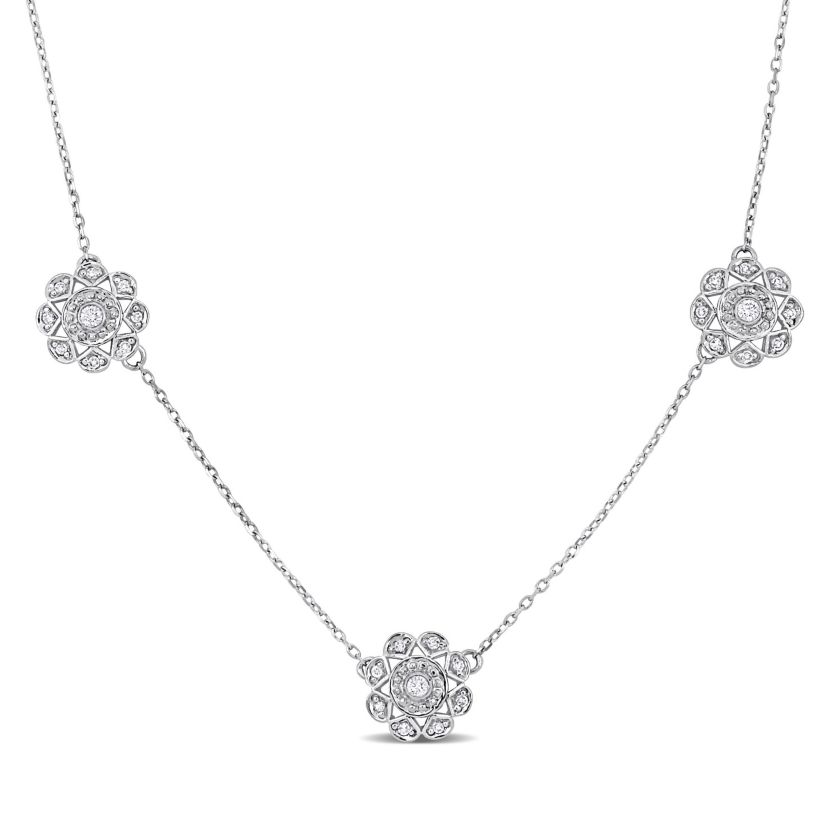 1/6 ct. t.w. Diamond Floral Station Necklace in 14K White Gold, 16"