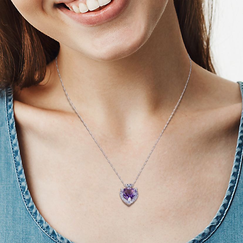Tanzanite Amethyst and Diamond Accent Heart Pendant with Chain in 10K White Gold, 18"