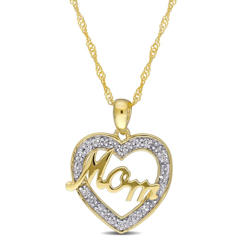 Diamond Accent "Mom" Heart Pendant with Chain in 10K Yellow Gold, 17"