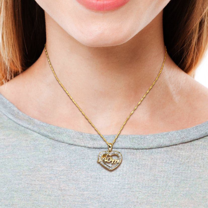 Diamond Accent "Mom" Heart Pendant with Chain in 10K Yellow Gold, 17"