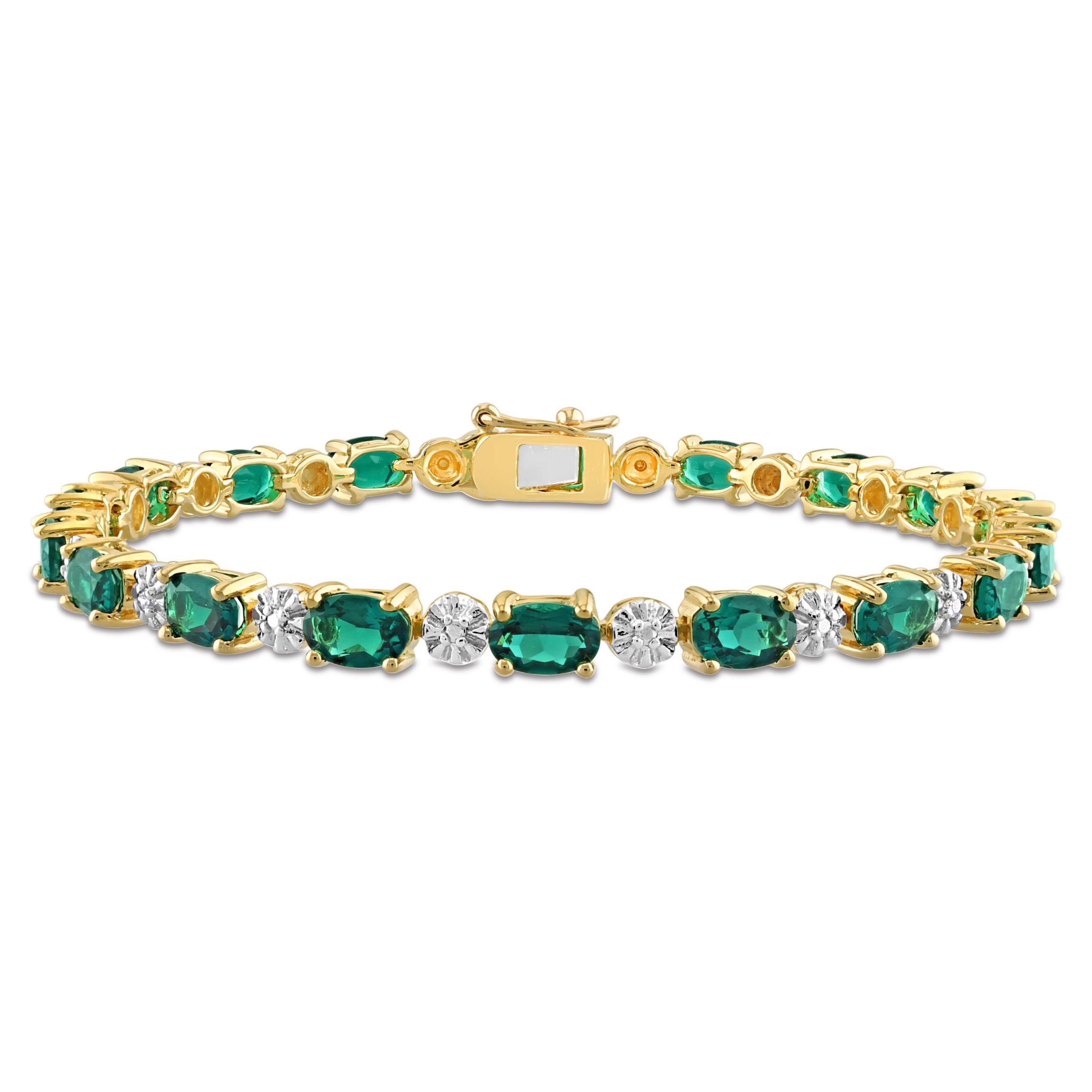 Created Emerald and Diamond Accent Bracelet in Yellow Plated Sterling Silver, 7.25"
