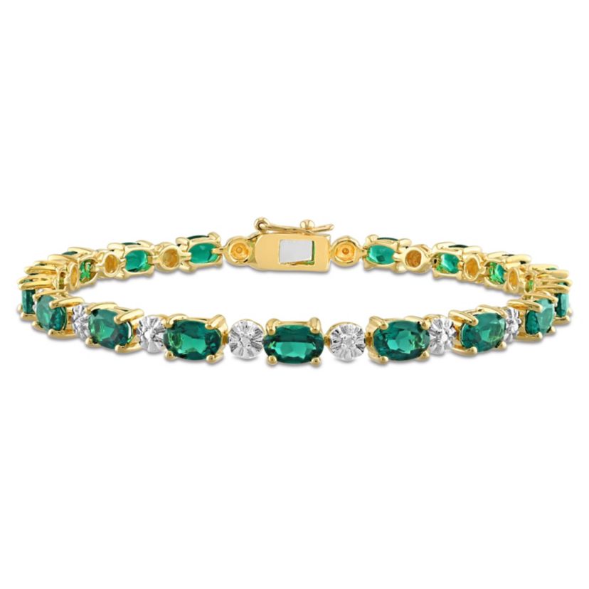 Created Emerald and Diamond Accent Bracelet in Yellow Plated Sterling Silver, 7.25"