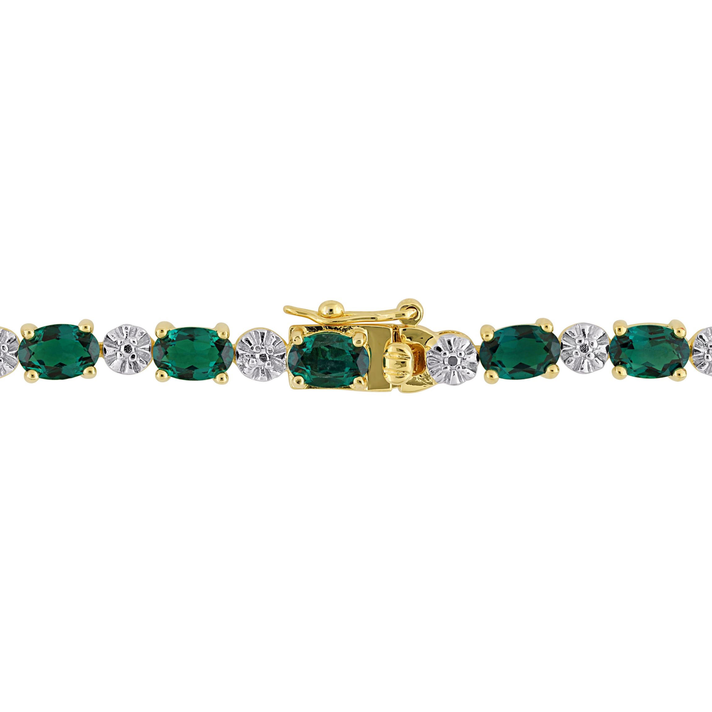 Created Emerald and Diamond Accent Bracelet in Yellow Plated Sterling Silver, 7.25"