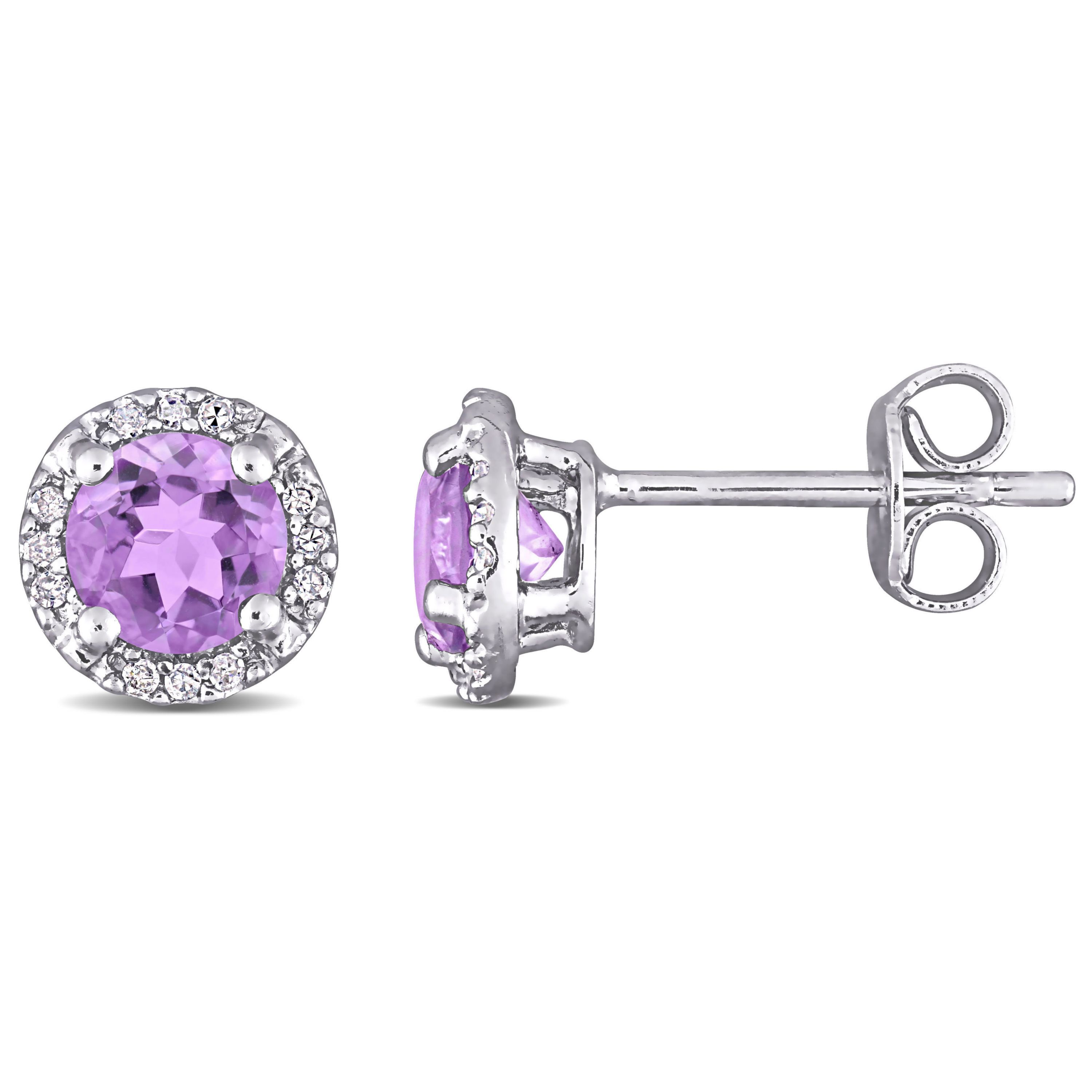 Amethyst and Diamond Accent Halo Stud Earrings in Sterling Silver