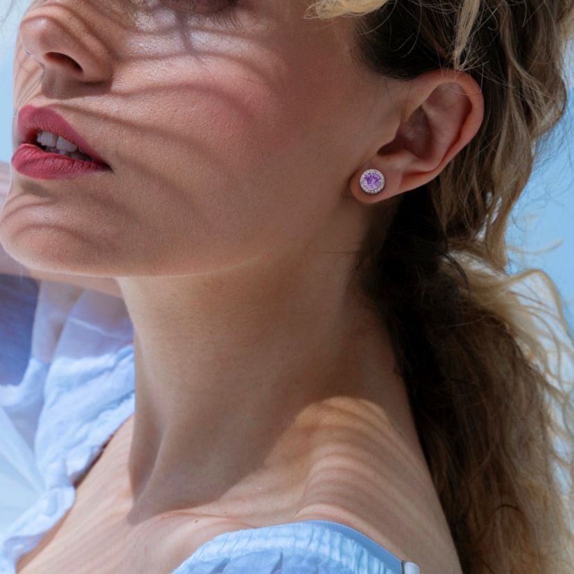 Amethyst and Diamond Accent Halo Stud Earrings in Sterling Silver