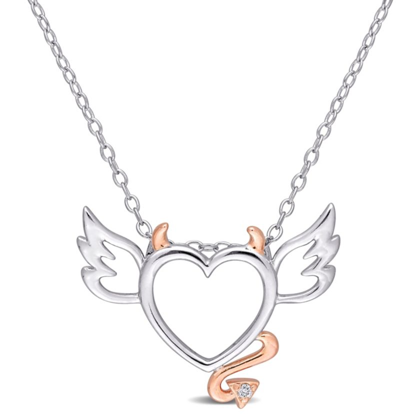 Diamond Accent Devil and Angel Heart Pendant with Chain in 2-Tone Sterling Silver, 17"
