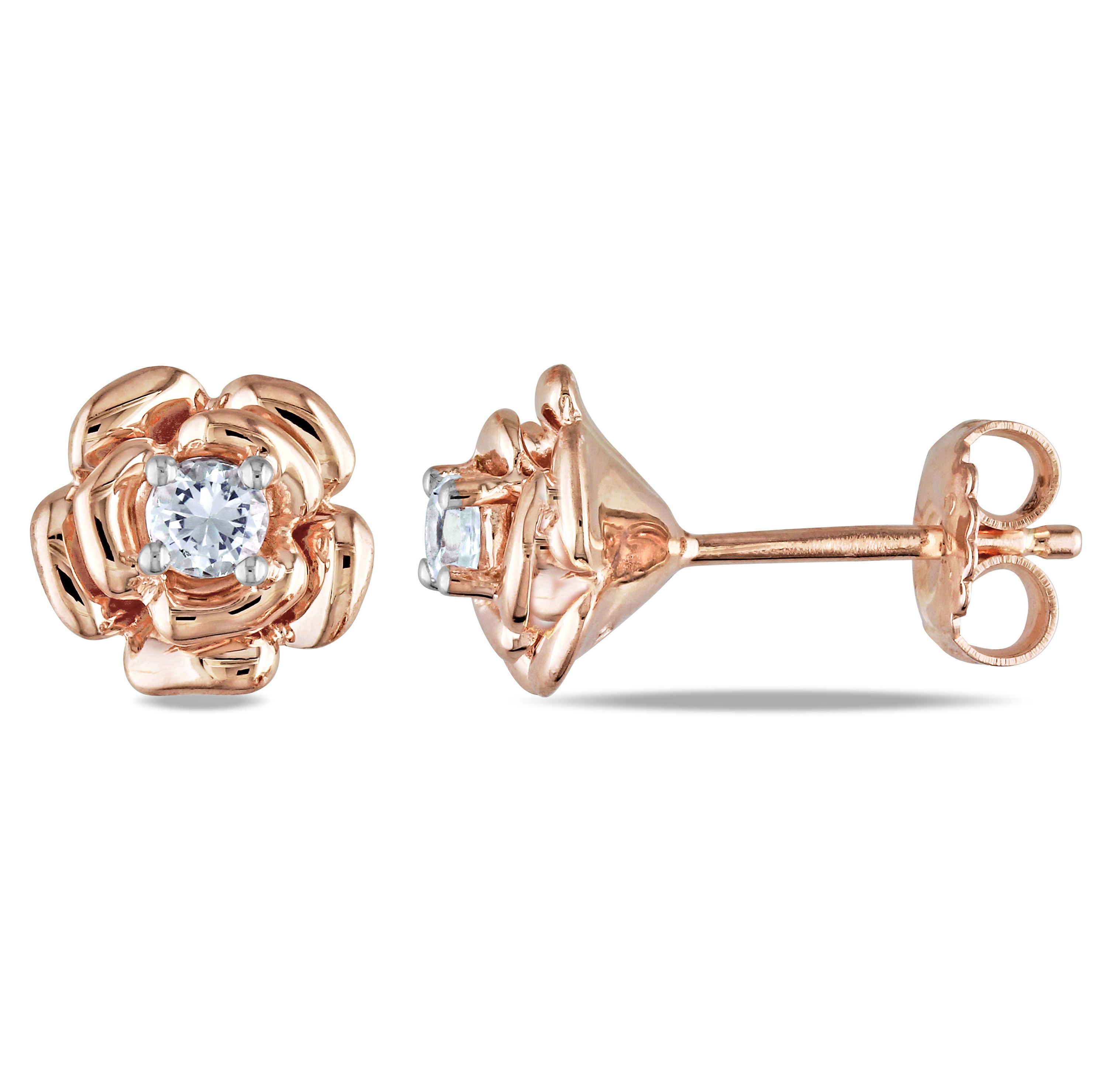 Lab Created Created White Sapphire Flower Stud Earrings in Rose Plated Sterling Silver