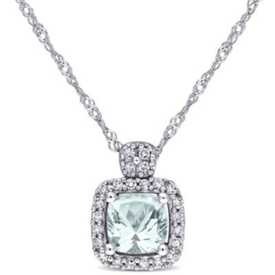 Belk & Co Aquamarine and Diamond Accent Halo Pendant with Chain in 10K White Gold, 17"