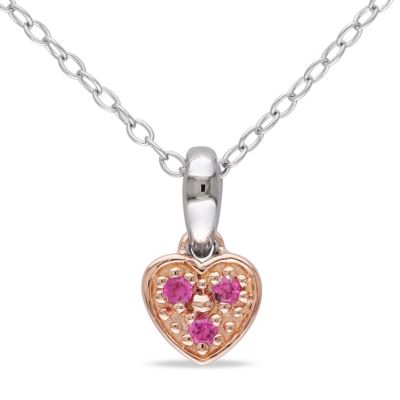 Belk & Co Lab Created Pink Sapphire Accent Trillium Heart Child's Pendant with Chain in 2-Tone Sterling Silver, 18"
