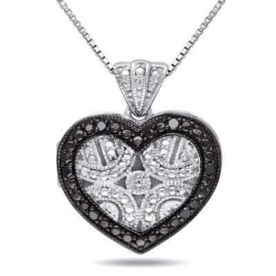 Belk & Co Black Diamond Accent Heart Locket Pendant with Chain in Sterling Silver with Black Rhodium Plated, 18", White