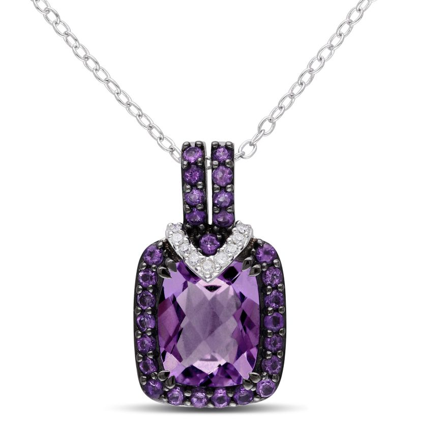 Amethyst and Diamond Accent Pendant with Chain in Sterling Silver, 18"