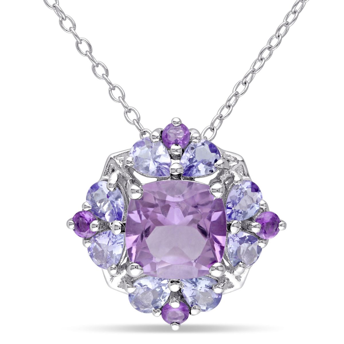 Amethyst and Tanzanite Quatrefoil Floral Pendant with Chain in Sterling Silver, 18"