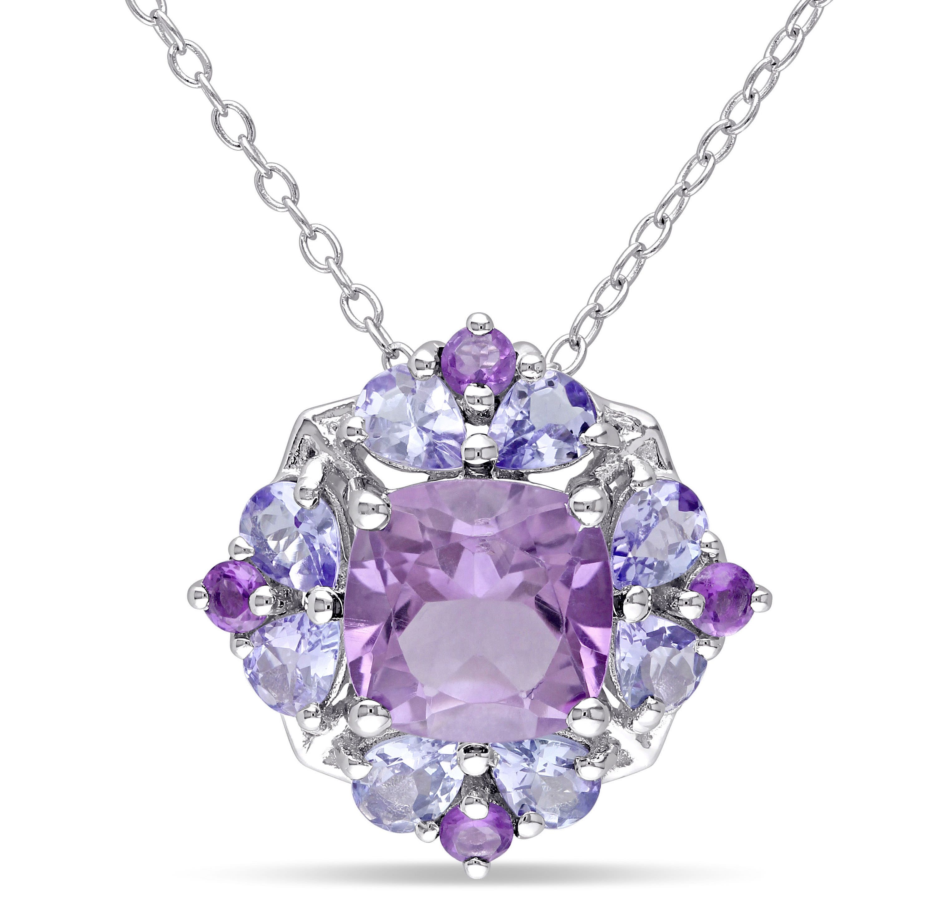 Amethyst and Tanzanite Quatrefoil Floral Pendant with Chain in Sterling Silver, 18"