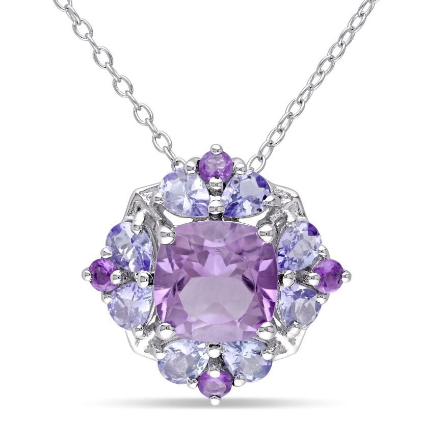Amethyst and Tanzanite Quatrefoil Floral Pendant with Chain in Sterling Silver, 18"