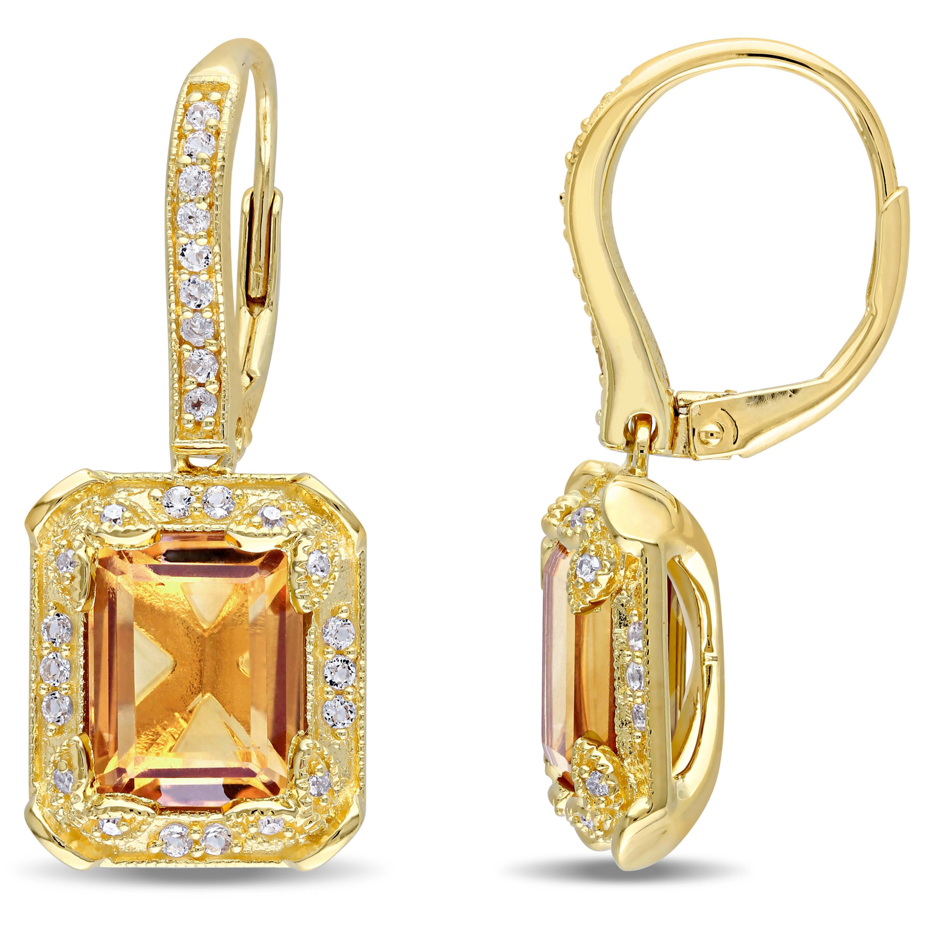 Citrine and White Topaz with Diamond Accent Dangle Earrings in Yellow Plated Sterling Silver