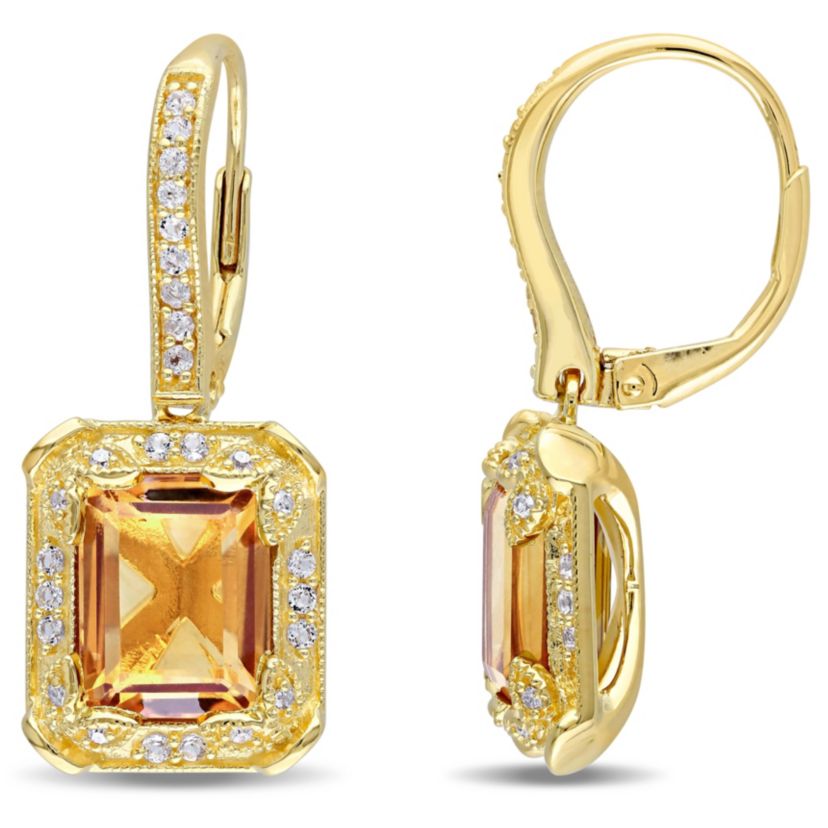Citrine and White Topaz with Diamond Accent Dangle Earrings in Yellow Plated Sterling Silver
