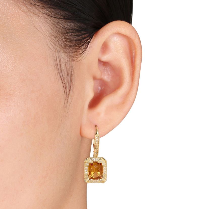Citrine and White Topaz with Diamond Accent Dangle Earrings in Yellow Plated Sterling Silver