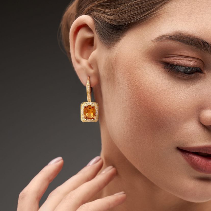 Citrine and White Topaz with Diamond Accent Dangle Earrings in Yellow Plated Sterling Silver