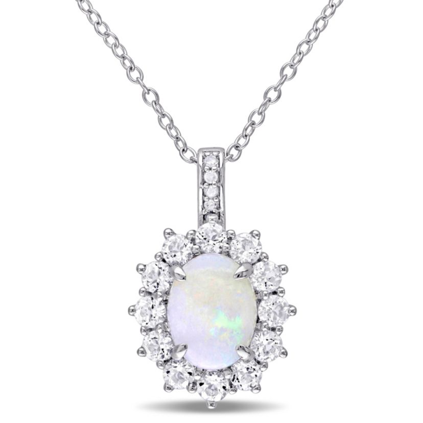 Opal and White Topaz with Diamond Accent Halo Pendant with Chain in Sterling Silver, 18"