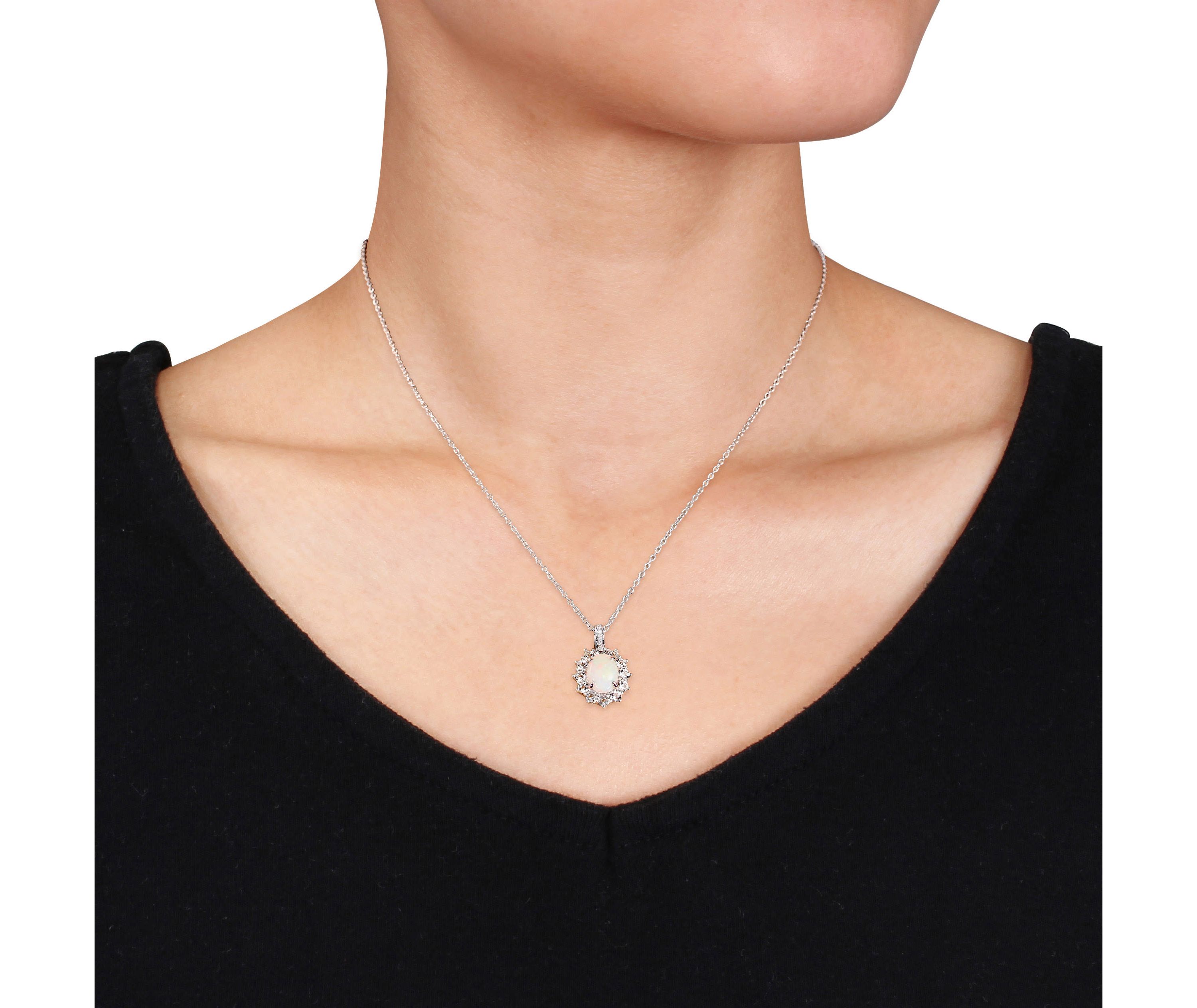 Opal and White Topaz with Diamond Accent Halo Pendant with Chain in Sterling Silver, 18"
