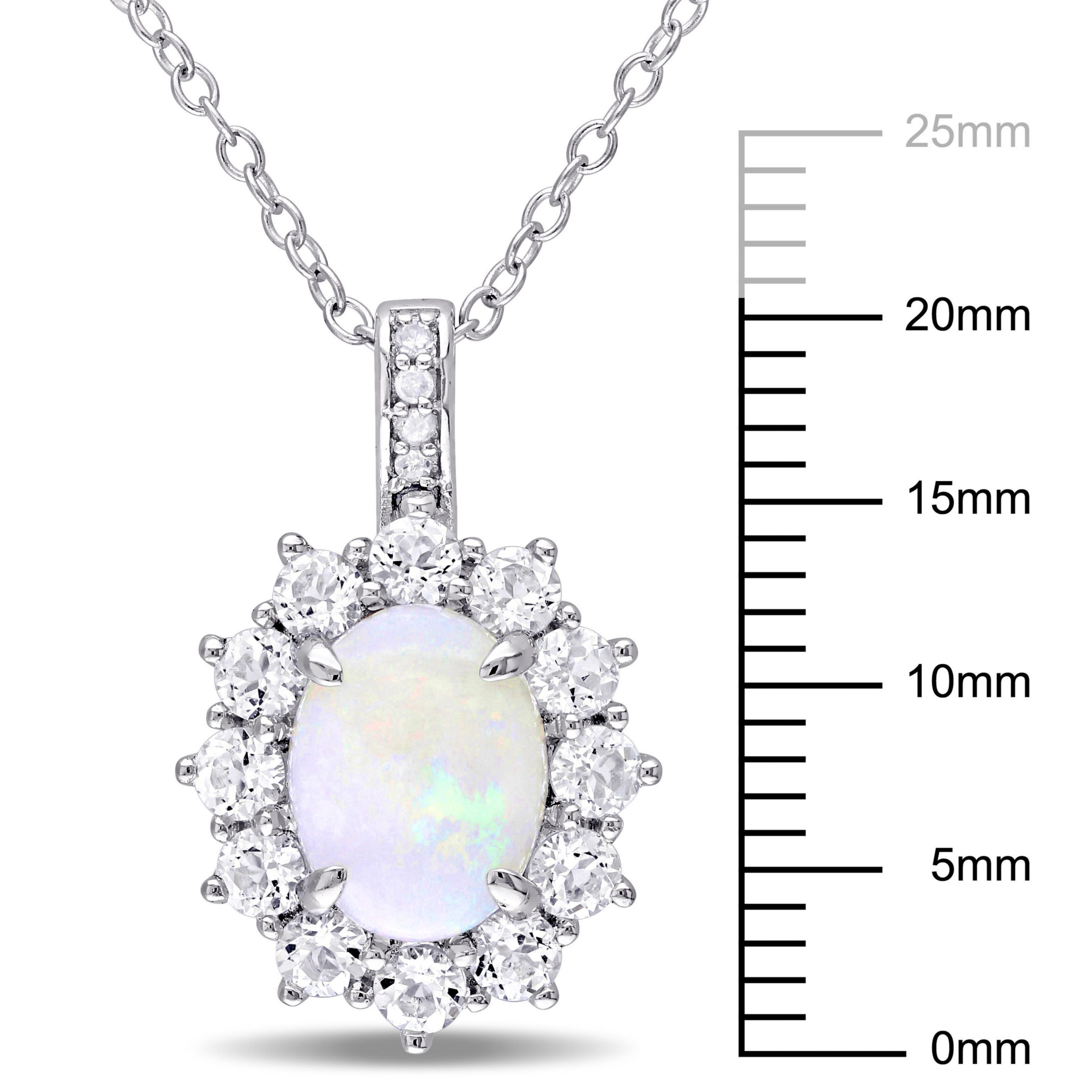 Opal and White Topaz with Diamond Accent Halo Pendant with Chain in Sterling Silver, 18"