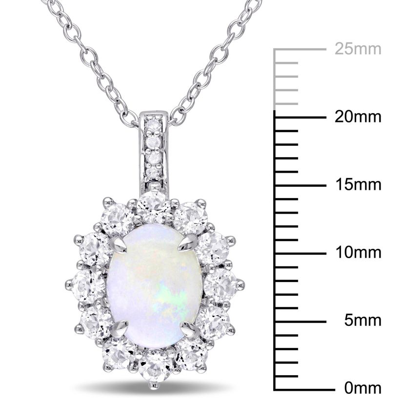 Opal and White Topaz with Diamond Accent Halo Pendant with Chain in Sterling Silver, 18"
