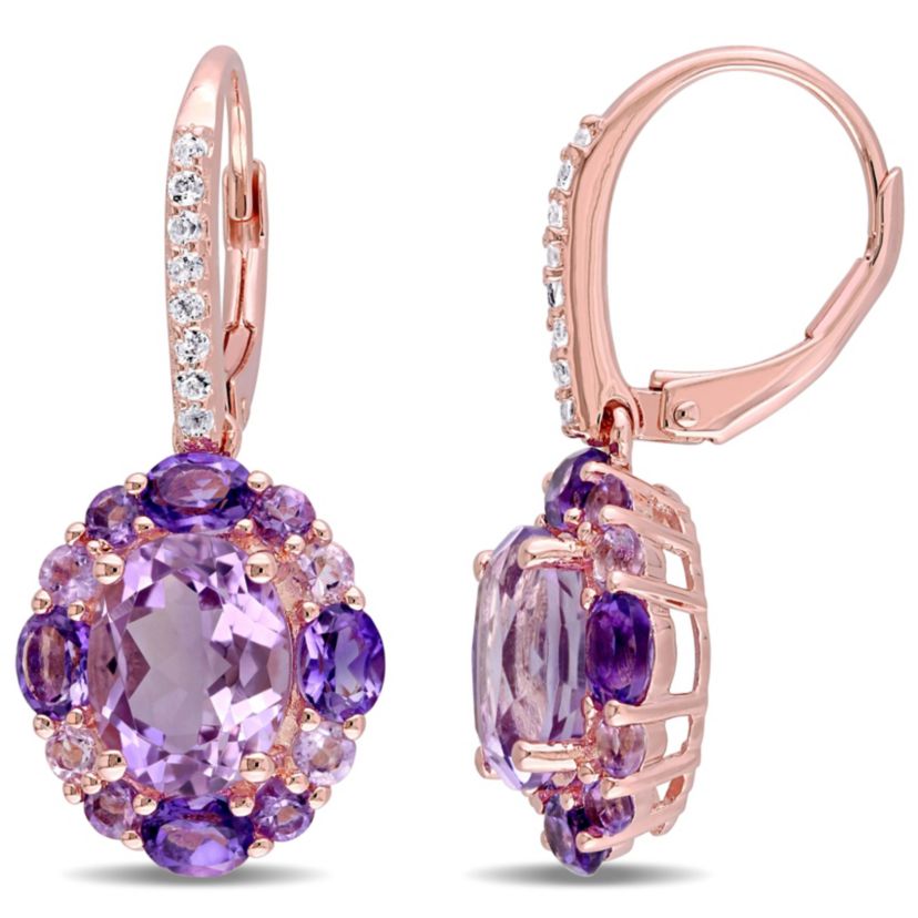 Multi-Gemstones Floral Drop Earrings in Rose Plated Sterling Silver