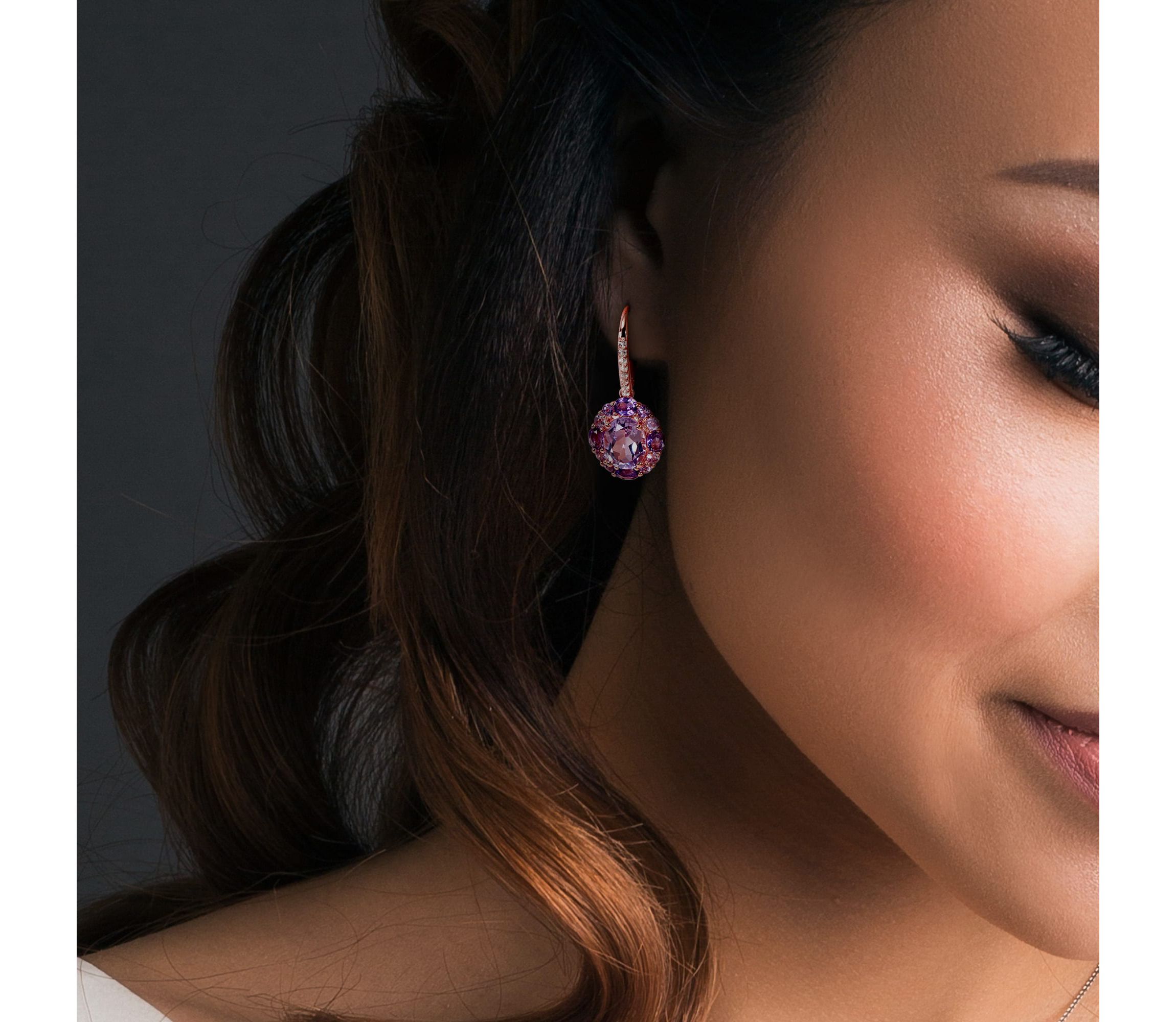 Multi-Gemstones Floral Drop Earrings in Rose Plated Sterling Silver