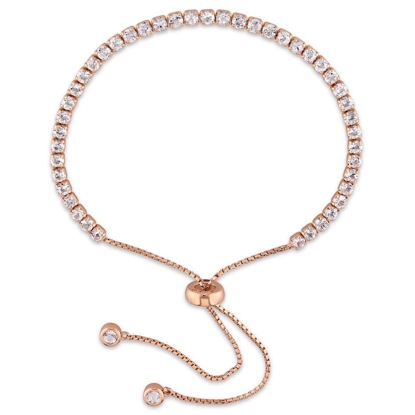 White Topaz Adjustable Tassel Bracelet in Rose Plated Sterling Silver, 10"