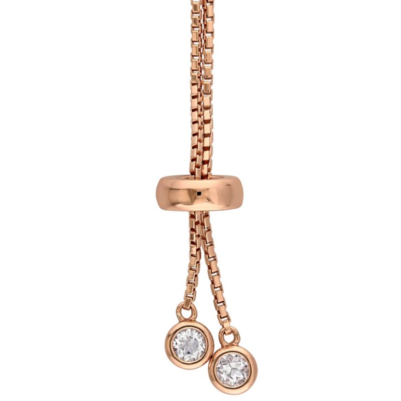 White Topaz Adjustable Tassel Bracelet in Rose Plated Sterling Silver, 10"