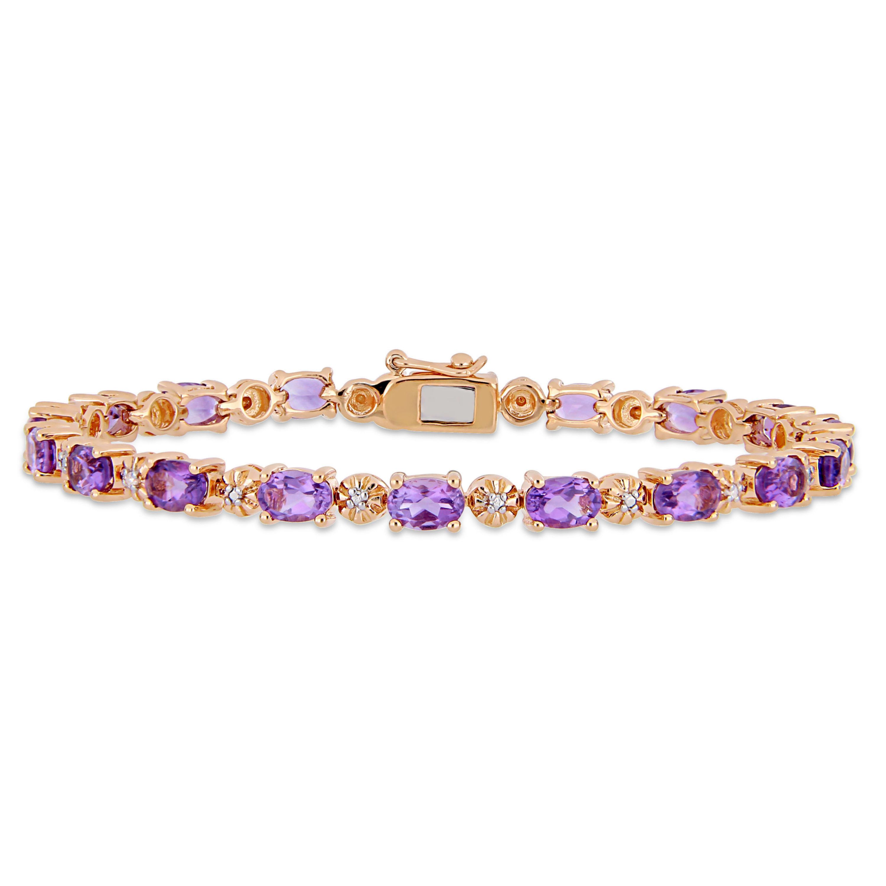 Amethyst and Diamond Accent Bracelet in Rose Plated Sterling Silver, 7.25"