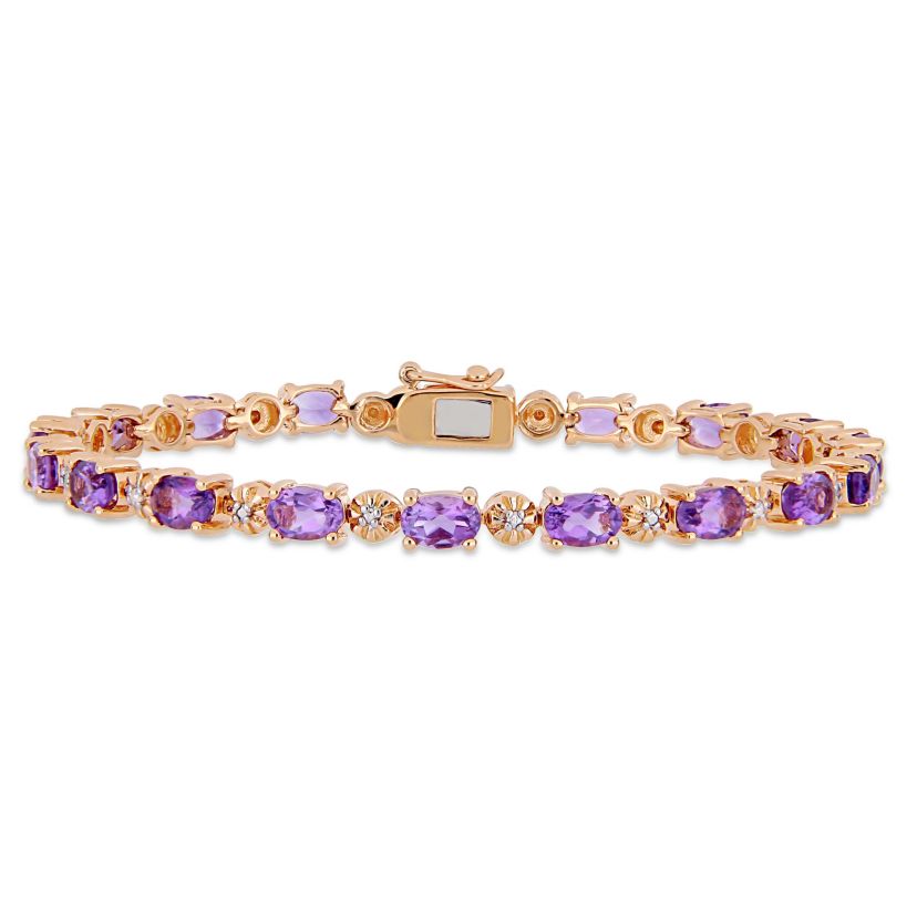 Amethyst and Diamond Accent Bracelet in Rose Plated Sterling Silver, 7.25"