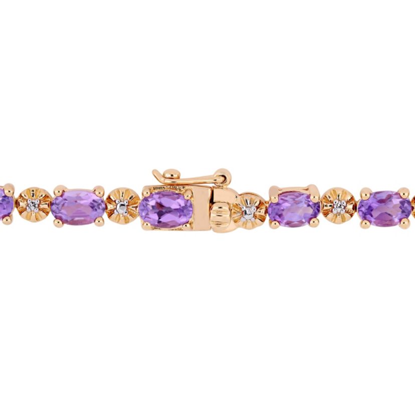 Amethyst and Diamond Accent Bracelet in Rose Plated Sterling Silver, 7.25"