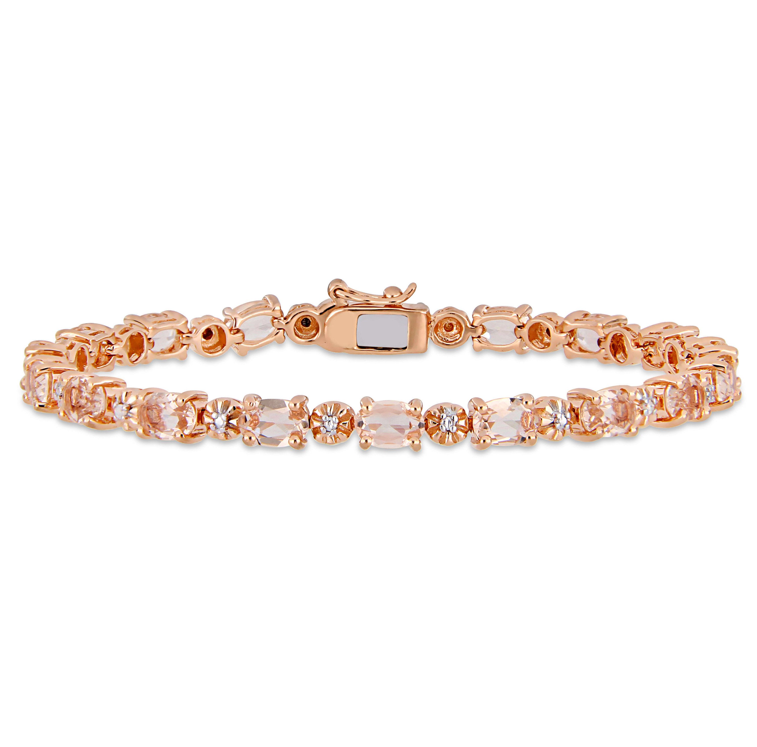 Simulated Morganite and Diamond Accent Bracelet in Rose Plated Sterling Silver, 7.25"