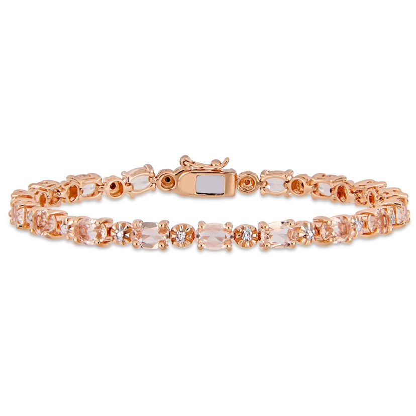 Simulated Morganite and Diamond Accent Bracelet in Rose Plated Sterling Silver, 7.25"