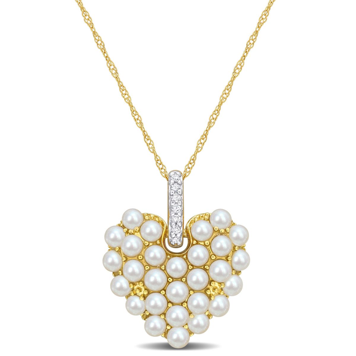 2-2.5MM Freshwater Cultured Pearl with Diamond Accent Heart Pendant with Chain in 14K Yellow Gold, 17"