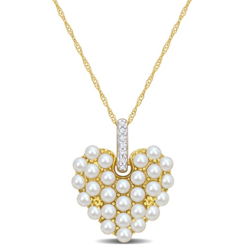 2-2.5MM Freshwater Cultured Pearl with Diamond Accent Heart Pendant with Chain in 14K Yellow Gold, 17"