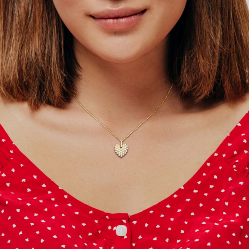 2-2.5MM Freshwater Cultured Pearl with Diamond Accent Heart Pendant with Chain in 14K Yellow Gold, 17"